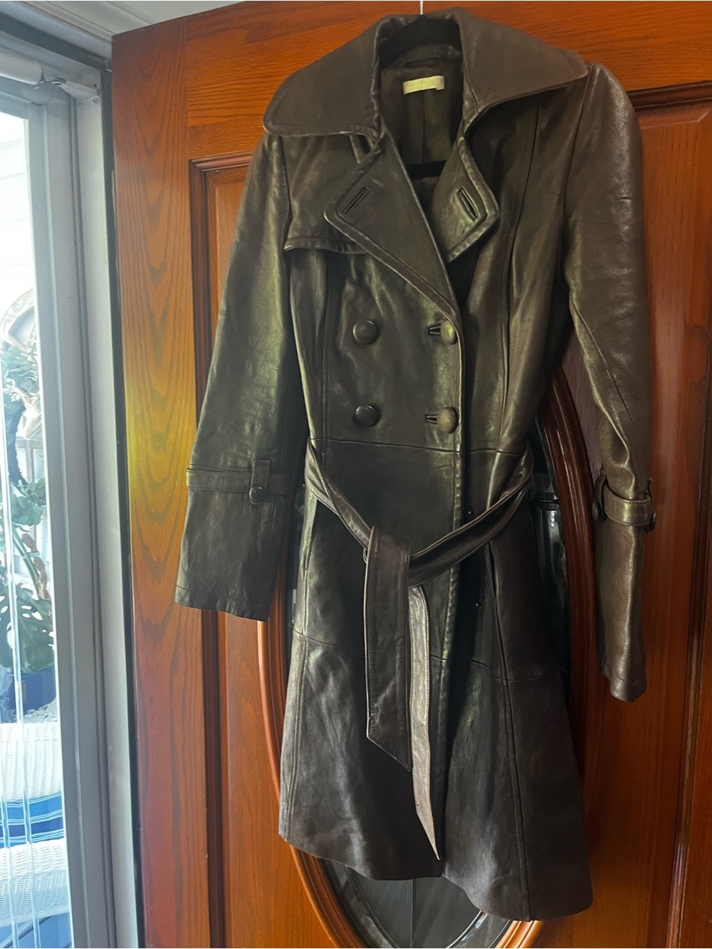 Promod Dark Brown Leather Trench Coat with Belt